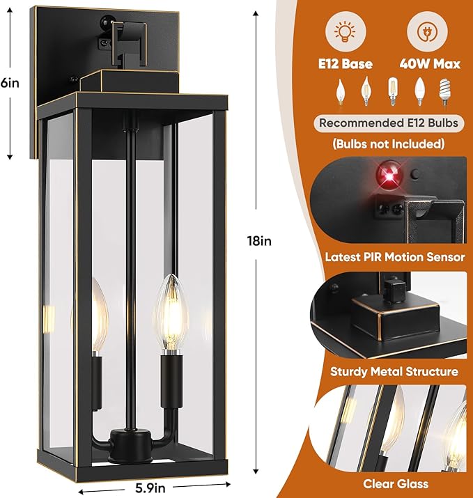 BesLowe 18” Upgraded Motion Sensor Outdoor Wall Lights, Dusk to Dawn Porch Lights Outdoor Wall Sconces, 3 Lighting Modes Exterior Lighting Fixtures with Hooks, Bronze Outside Lights for House, 2-Pack