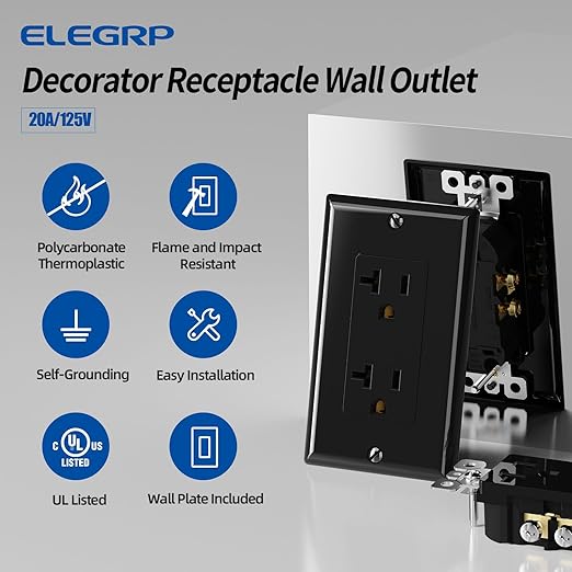 ELEGRP Glossy Black Decorator Electrical Wall Outlet Receptacle, 20A 125V Standard Outlets, 2 Pole 3 Wire, Non-Tamper Resistant, NEMA 5-20R, Self-Grounding, Wall Plate Included, UL Listed, 5 Pack