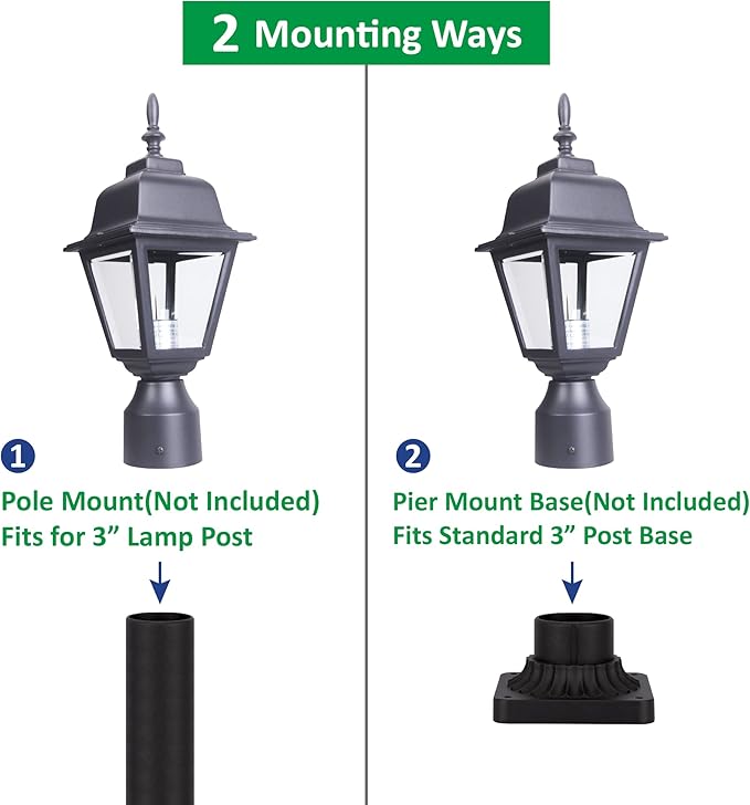 LIT-PaTH Outdoor Post Lighting Fixture Pole Lantern, E26 Medium Base Max 60W, Aluminum Housing Plus Clear Glass, Bulb Not Included, Matte Black Finish, 1-Pack