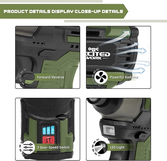 17V Brushless Screwdriver, 140Nm Cordless Impact Driver Set with 3 Adjustable Speed, 2 Batteries and Led Work Light