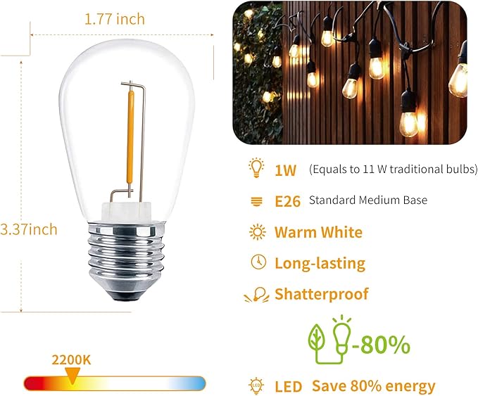 S14 LED String Light Bulbs, Shatterproof Outdoor String Replacement Light Bulbs, 1 Watt LED Edison Bulbs Equal to 11W Incandescent, 2200K Warm White, E26 Medium Base, 15 Pack
