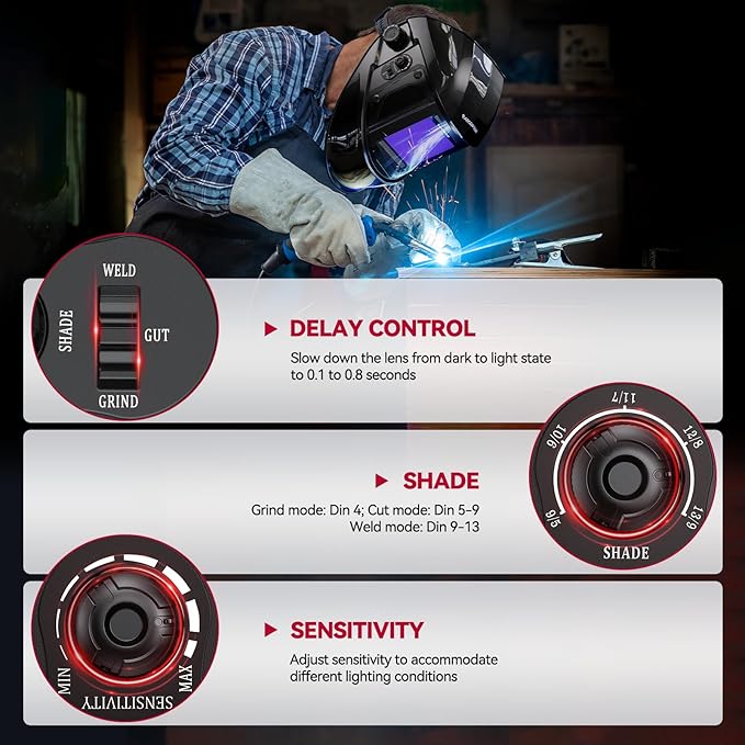 ARCCAPTAIN 3.94"X3.66" Welding Helmet Auto Darkening, 1/1/1/1 Top Optical Clarity Large Viewing Screen Solar Power Welding Hood with 4 Arc Sensor, Wide Shade 4-5/5-9/9-13 for TIG MIG ARC Welding CUT