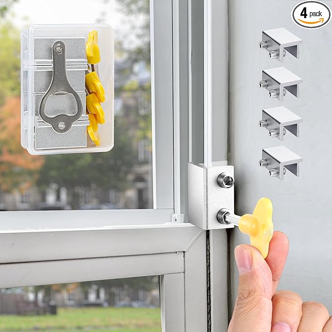 Window Locks,4 Sets Sliding Window Safety Locks with Key for Up and Down Windows,Easy to Install Vertical & Horizontal Window Security Lock,Adjustable Aluminum Window Stopper Lock(Silver)