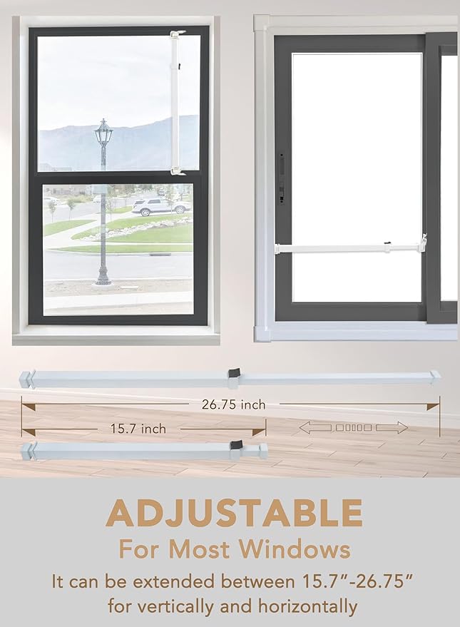 Greatim GT-DB004 Patio Door and Window Security Bar, Safety Bars for Windows, Childproof, Locking System, Anti-Lift Lock, Vertical Bar, Sliding Glass Doors/Window Lock, Adjustable (15.7~26.75 inch)