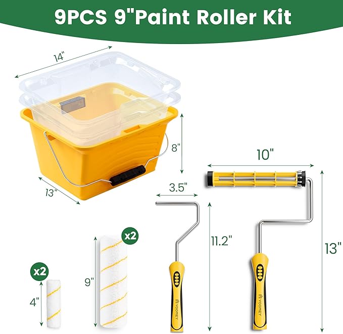 Voomey 9 Inch Paint Bucket - Paint Roller Kit with Bucket Liner, Includes Roller Frame & Microfiber Covers, Professional Wall Painting & DIY Projects
