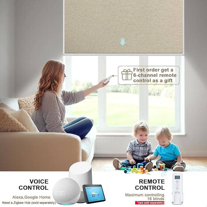 Motorized Blinds with Remote Cordless Automatic Motorized Shades Custom Blinds for Windows Smart Curtains Compatible with Alexa Google Home(Blackout Sweet Latte,Custom Size)