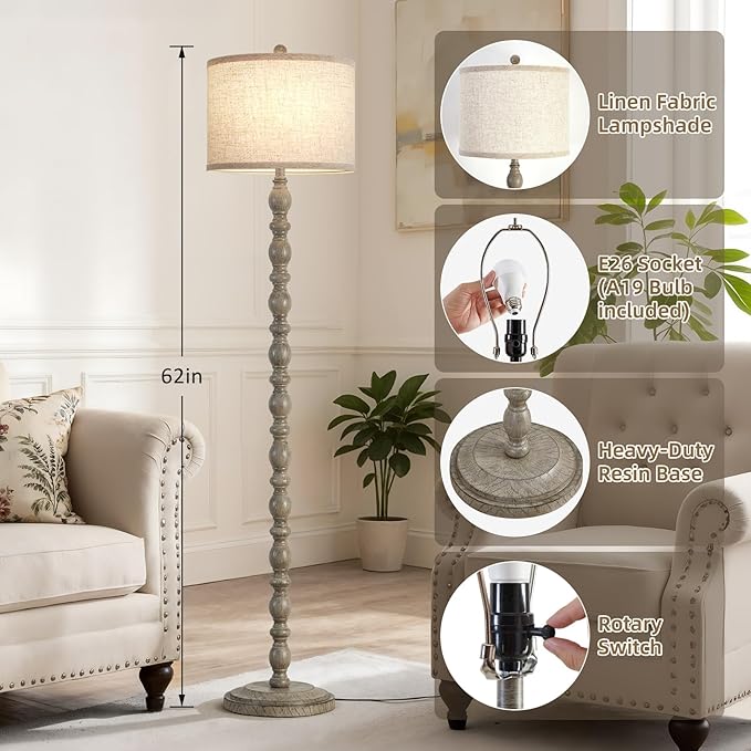 62" Floor Lamps for Living Room,3 Color Temperature Retro Standing Lamp, Vintage Farmhouse Floor Lamp with Rotary Switch, Rustic Resin Tall Lamps for Living Room, Bedroom, Office, Corner(Light Gray)
