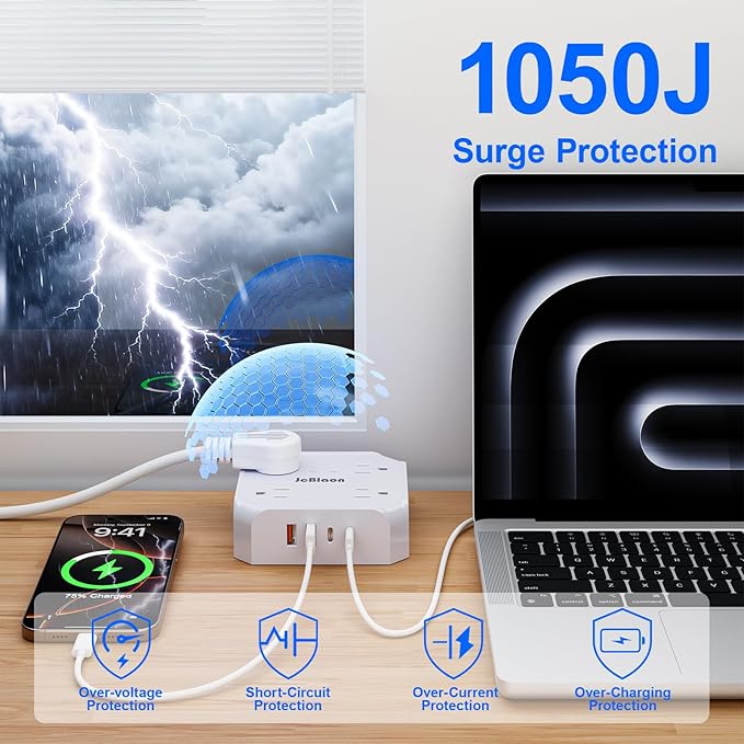 Surge Protector Power Strip, 8 Outlets with 4 USB Ports(2 USB C), 4-Sided 1050J Outlet Extender with 5FT Flat Extension Cord for Travel, Home, School, College Dorm Room Essentials