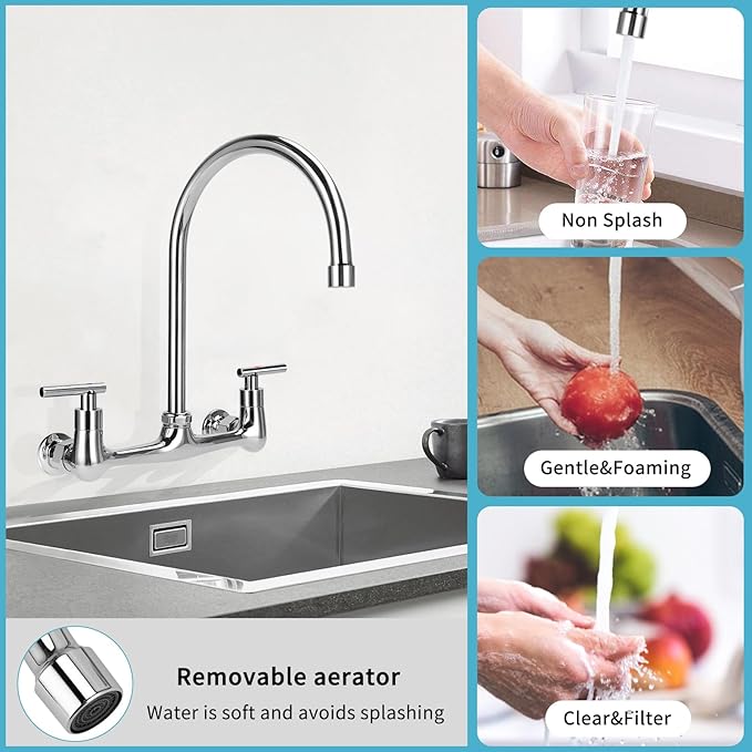 Wall Mount Kitchen Faucet with 8" Gooseneck Swivel Spout, 8 Inch Center Commercial Kitchen Sink Faucet 2 Handle Wall Mount Utility Sink Faucet for Kitchen Restaurant Compartment Sink