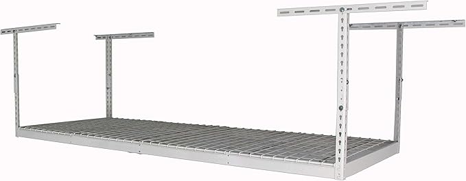 MonsterRax Overhead Garage Storage Rack, 3x8' Heavy Duty Steel, Ceiling Mounted Garage Shelving, Adjustable Hanging Storage Organizer, 450 Pound Capacity, Color: White, Adjusts 12-21" off Ceiling