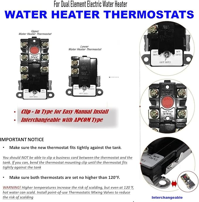 LONG TERM KST200&203 Electric Water Heater Thermostat kit for Double Element Heater, Includes 1x Upper Thermostat and 1x Lower Thermostat, Fit for Most Electric Water Heaters