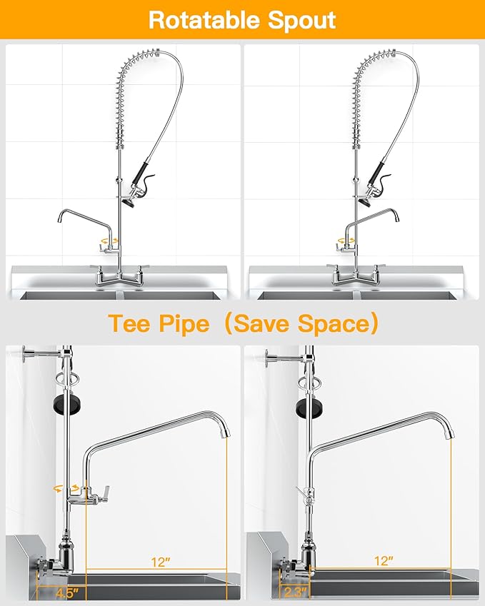 Commercial Sink Faucet Wall Mount with Pre Rinse Sprayer 8 inch Center Wall Mount Kitchen Sink Faucet 36" Height with 12" Add-on Swing Spout for 1/2/3 Compartment Sink-Round Sprayer
