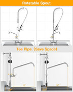 Commercial Sink Faucet Wall Mount with Pre Rinse Sprayer 8 inch Center Wall Mount Kitchen Sink Faucet 36" Height with 12" Add-on Swing Spout for 1/2/3 Compartment Sink-Round Sprayer