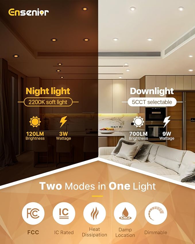 Ensenior 12 Pack 4 inch Gimbal Led Recessed Light with Night Light, 90° Adjustable Directional Eyeball Lighting, Dimmable, 2700K/3000K/3500K/4000K/5000K, 700LM, 9W=85W-FCC Certified