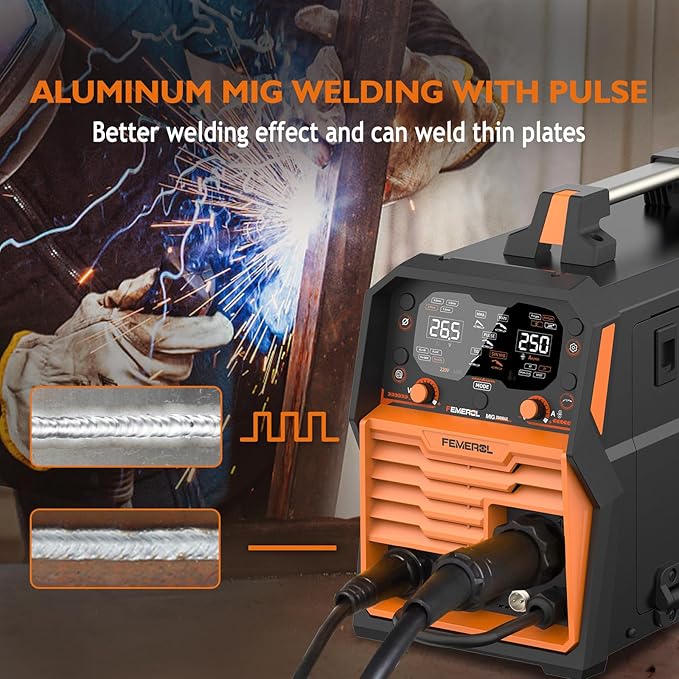250A Aluminum Pulsed MIG Welder,7 in 1 Gas MIG/Pulse MIG/Flux Core/Stick/Lift TIG/Spot Welding/Spool Gun Compatible Aluminum Welding Machine LED Display 110V/220V Multiprocess Welder