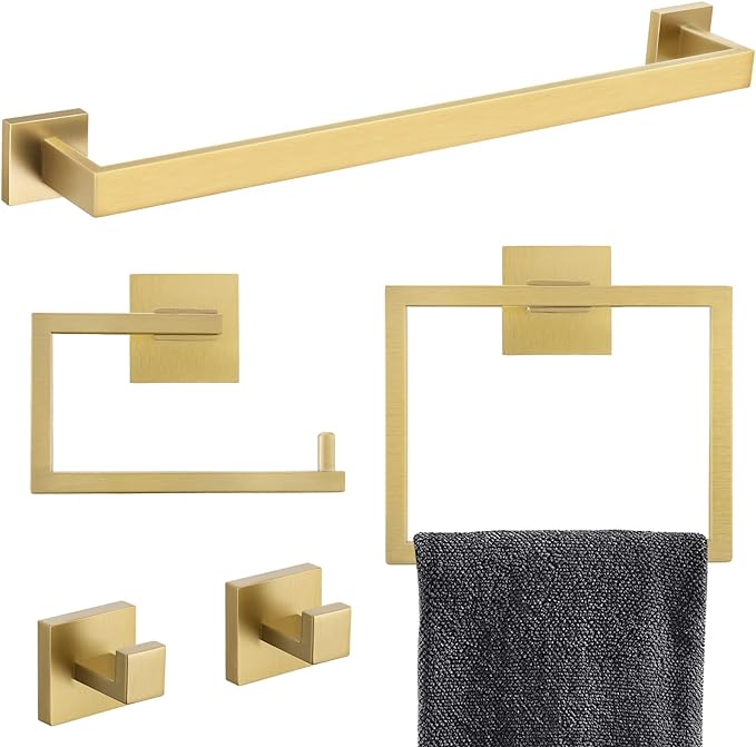 YACVCL 5 Piece Bathroom Hardware Set Brushed Gold, SUS304 Stainless Steel 23.6 Inch Bathroom Towel Holder Set, Brushed Gold Bathroom Accessories, Wall Mounted Towel Holder Set