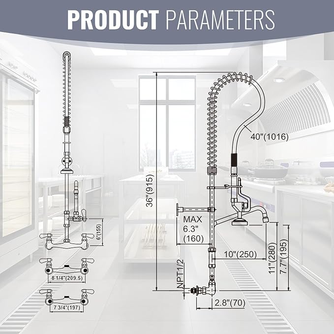 36" Height Commercial Faucet Wall Mount with Sprayer 8" Adjustable Center 10" Swing Spout, Kitchen Sink Faucet with Pull Down Pre-Rinse Sprayer for Restaurant Industrial Kitchen, Chrome