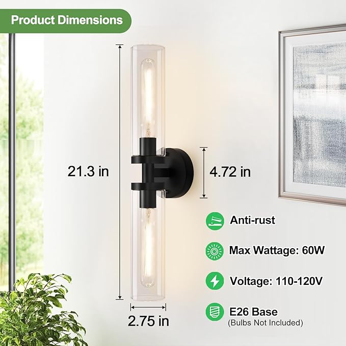 Wall Sconces Set of Two, Hardwired Matte Black Bathroom Sconces Wall Lighting with Clear Glass, Modern Sconces Wall Decor Set of 2 Bathroom Light Fixtures for Mirror Hallway (Bulbs Not Included)