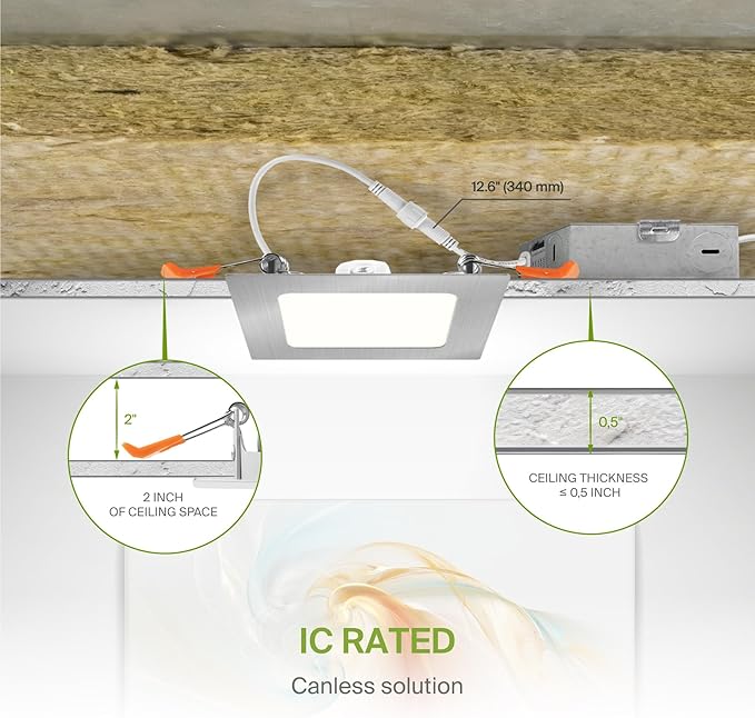 ASD 6 Pack LED Square Recessed Lighting 4 Inch, 5 CCT 2700K-5000K, 12W 50W Eqv, Ultra Thin Dimmable Ceiling Lights with J Box, Canless Wafer Downlight, Slim Panel Light, UL Energy Star, Brushed Nickel