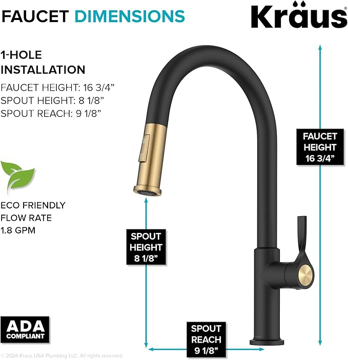 KRAUS Torak Pull Down Kitchen Faucet in Spot-Free Brushed Brass/Matte Black with 2 Function Sprayer, Pre-Attached Water Lines, and Mounting Hardware, KPF-2840SFBBMB
