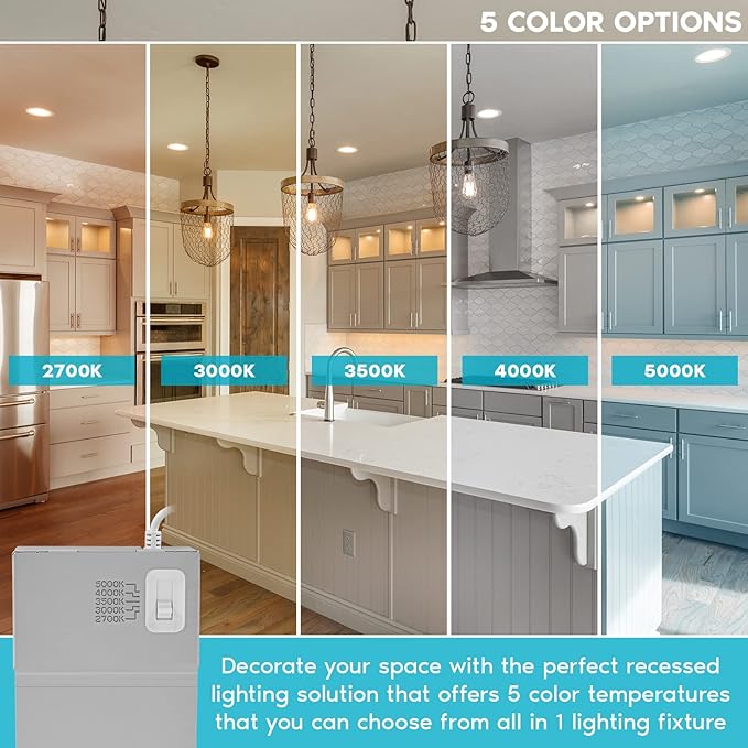 LUXRITE 6 Inch Ultra Thin LED Recessed Lighting, 14W, 5 Color Selectable 2700K | 3000K | 3500K | 4000K | 5000K, CRI 90, 1150 Lumens, Dimmable LED Wafer Lights, Wet Rated, UL Listed, Baffle Trim