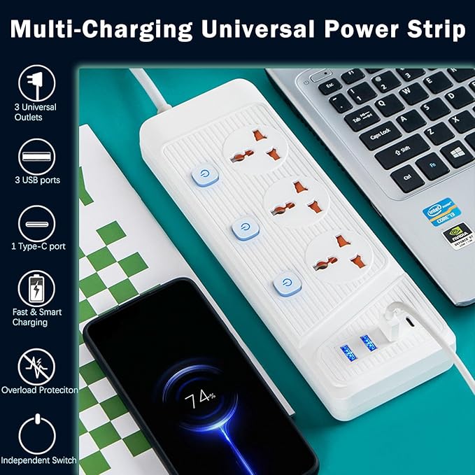Power Strip with 45 Degree Plug and 10ft Long Cord, 3 Universal Socket, 2500W Circuit Breaker, 4 USB Ports Desktop Charging Station(3 USB-A & 1 USB-C)