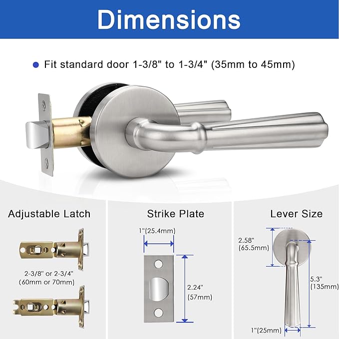 Orger 1 Pack Brushed Nickel Passage Door Lever Keyless Closet Door Handle, Interior Non-Locking Lever Sets Keyless Nickel Finish Door Lock for Right & Left Handed Doors, Stainless Steel
