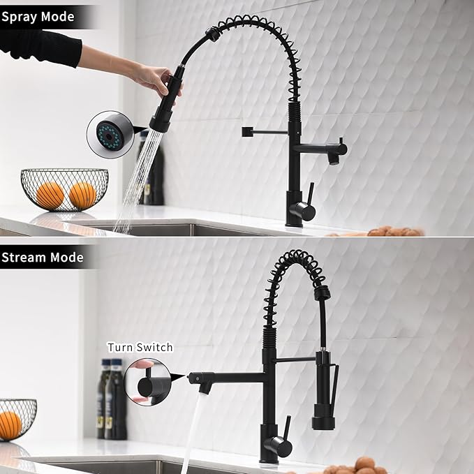 AIMADI Black Kitchen Faucet with 2 Function Sprayer,Commercial Stainless Steel Single Handle Single Hole Spring Matte Black Kitchen Faucet