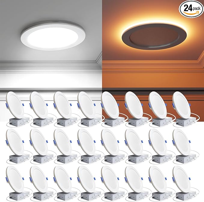 Ensenior 24 Pack 6 Inch LED Recessed Ceiling Light with Night Light, Dimmable, 2700K-5000K 5CCT, 1050LM 12W 120V, High Brightness Canless Wafer Downlight - FCC