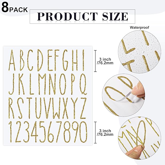 8 Sheets Vinyl Letter Stickers Waterproof Self Adhesive Letter Numbers Alphabet Modern Mailbox Numbers Sticker for Back to School DIY Mailbox House Home Business Address(3 Inch,Gold)