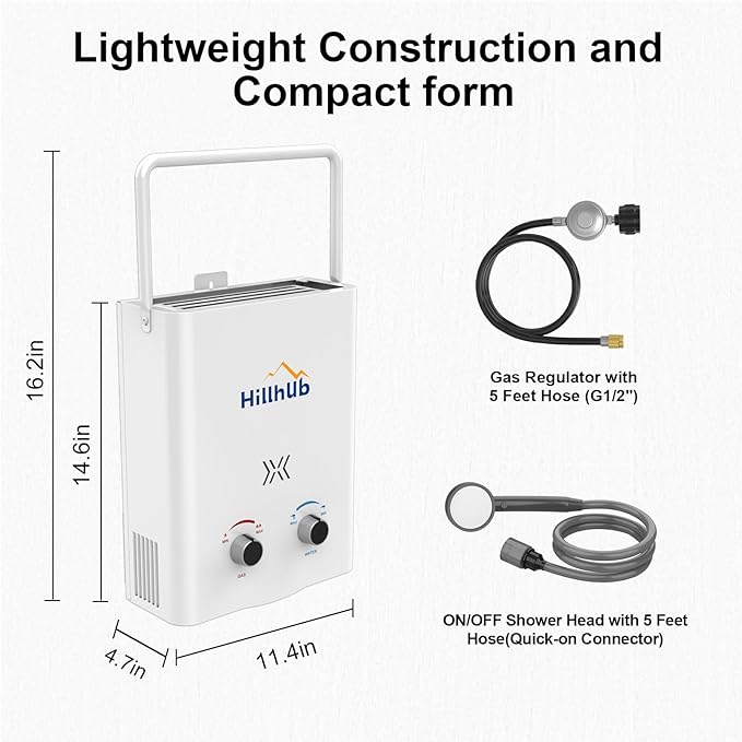Hillhub Portable Propane Tankless 34,000BTU Water Heater, 1.32GPM Outdoor Shower Water Heater for Camping 5L, Anti-freezing Protection