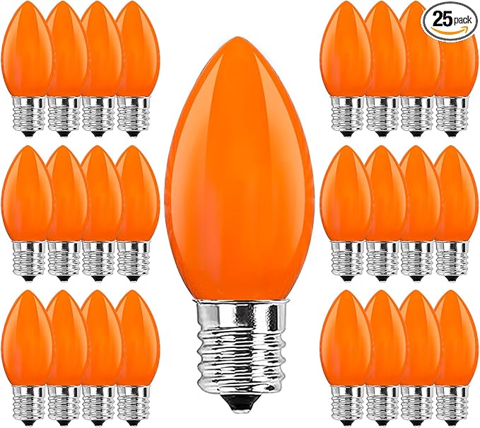 C9 Orange Halloween Incandescent Light Bulbs, 25-Pack E17 Base, Waterproof Outdoor Pathway & Yard Lighting, Halloween Decorations, Spooky Glow for Parties & Events