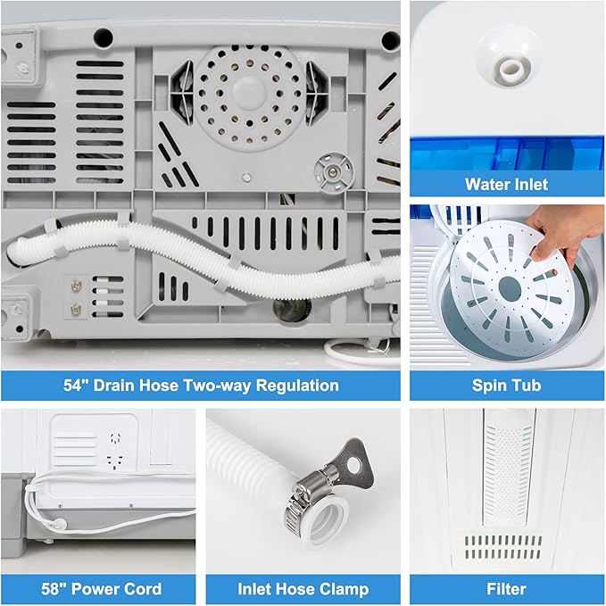 COSTWAY Portable Washing Machine, Twin Tub 22Lbs Capacity, Compact Washer(13.2Lbs) and Spinner(8.8Lbs) with Control Knobs, Built-in Drain Pump, Semi-Automatic Laundry washer for Apartment, RV (Blue)