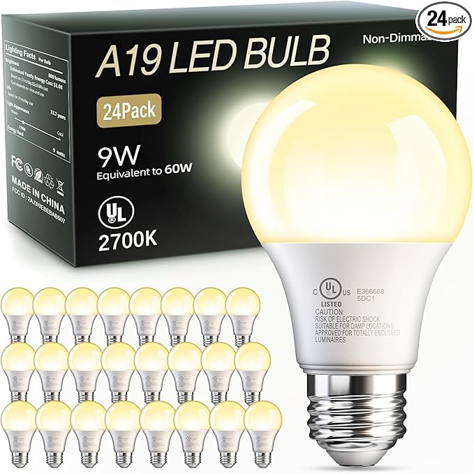 TJOY 24 Pack A19 LED Light Bulbs Soft Warm White 2700K, 60 Watt Equivalent, Efficient 9W, E26 Standard Base, Non Dimmable Energy Saving Warm Light Lamp Bulb, 800LM 120V, for Home, Bedroom, Living Room