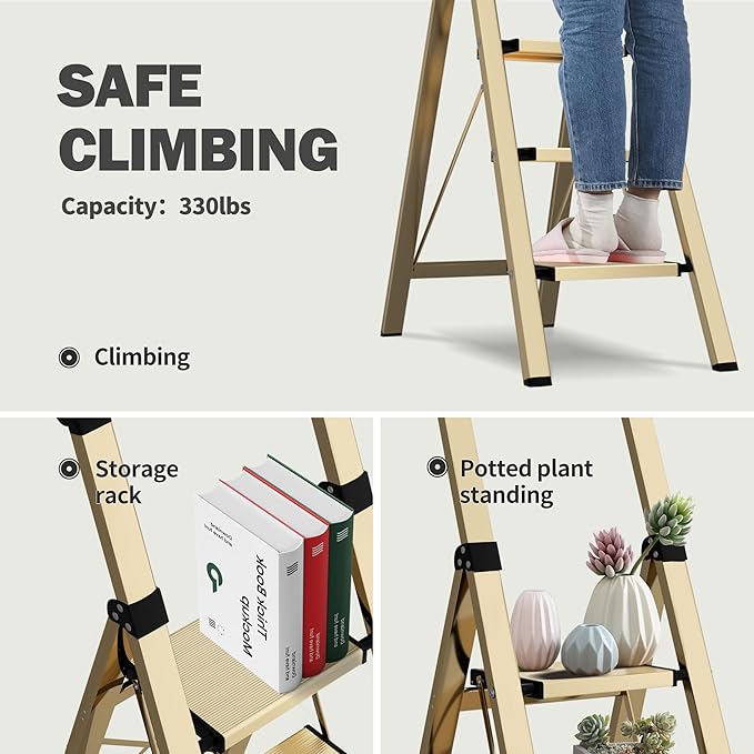 4 Step Ladder, Lightweight Folding Step Stool with Anti-Slip Aluminum Wide Pedal& Convenient Handgrip, 330lbs Capacity Steel Ladder for Household and Office (Gold)