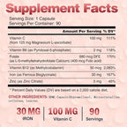 Iron Supplements for Women Men, Vegan Iron Bisglycinate 30mg Plus Vitamin C, B12, Folic Acid - Iron Pills for Anemia, Blood Builder & Energy Support - Gentle, High Absorption, Non-GMO - 90 Capsules