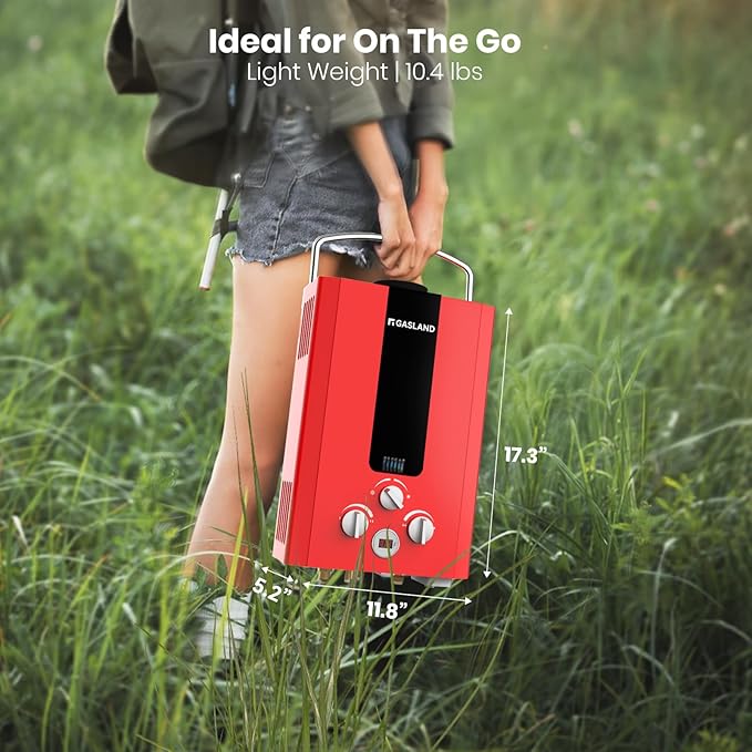 GASLAND Outdoors Tankless Water Heater Propane,1.58GPM 6L Portable Gas Water Heater, Overheating Protection, Easy to Install, for RV Cabin Barn Camping Boat, Red, BE158R