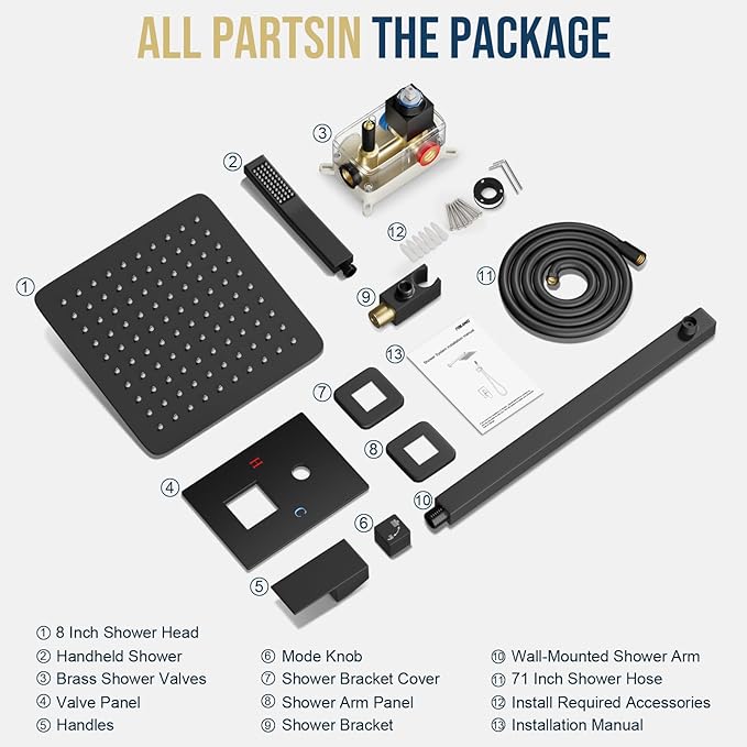 Black Shower Faucet Set, Rainfall Shower System with Square Shower Head and Handle Set, Wall Mounted Shower Fixtures, Full Metal Trim Repair Kit 8 inch Matte Black (With Shower Valve)