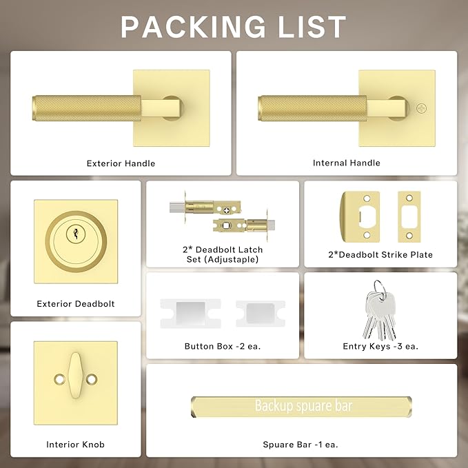 Amerdeco Front Door Lock Set with Double Cylinder Deadbolt, Exterior Entry Door Lever, Heavy Duty Entry Door Locksets for Left or Right Hand Exterior Door（Brushed Gold 2 Pack）