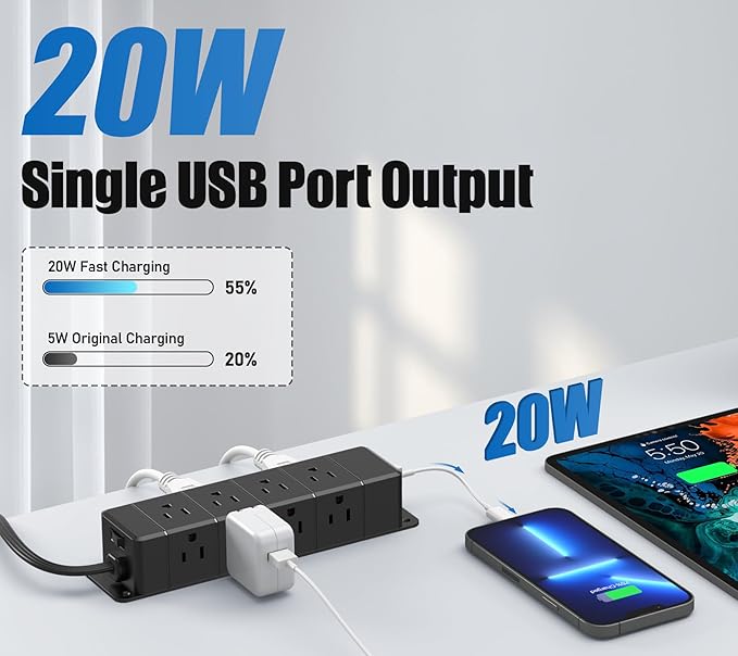 40W Fast Charging Under Desk Power Strip with Switch,12 Outlet Mountable Power Strip with 4 USB,1200J Surge Protection,6FT Flat Extension Cord Black