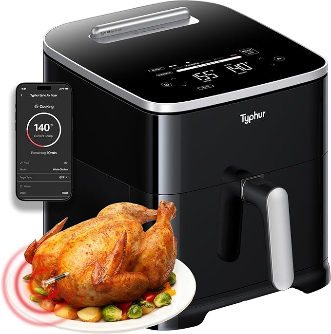 Typhur 8QT Sync Air Fryer with Built-in Wireless Meat Thermometer, 9-in-1 Smart Airfryer with Ceramic Nonstick Basket for Quick Easy Meals, 450°F Max, Cooks 6lb Whole Chicken, Dishwasher Safe, 120V
