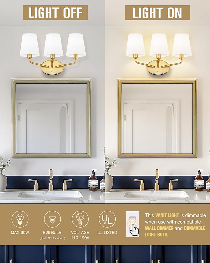 Emak 3-Light Vanity Light, Brushed Gold Bathroom Light fixtures with Flared White Fabric Shade, Modern Bathroom sconces for Mirror, Hallway, Bedroom, VL132-BGD-WF-3