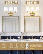 Emak 3-Light Vanity Light, Brushed Gold Bathroom Light fixtures with Flared White Fabric Shade, Modern Bathroom sconces for Mirror, Hallway, Bedroom, VL132-BGD-WF-3