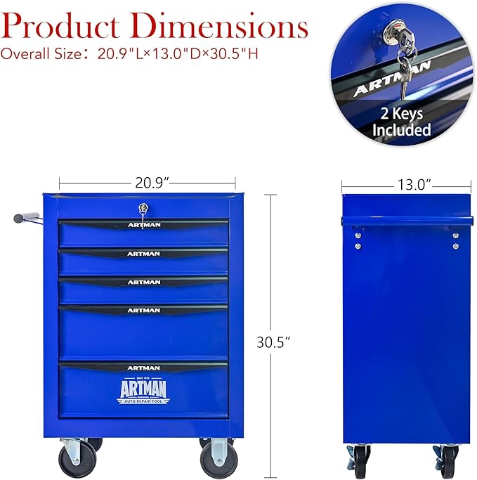 5-Drawer Steel Rolling Tool Cart with Wheels & Handle, Heavy-Duty Tool Chest Storage Cabinet for Garage and Workshop