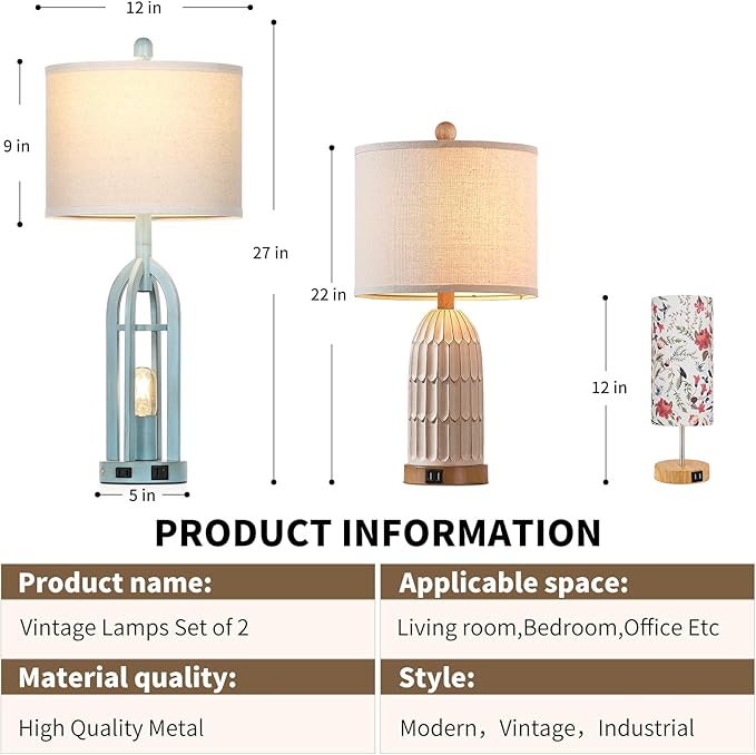 27" Farmhouse Table Lamps for Living Room,Blue Vintage Lamps Set of 2 with USB A+C Charging Ports & AC Outlet, Retro Nightstand Lamp with Fabric Shade for Bedroom, Entryway(4 Bulbs Included)