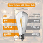 Jensense Edison LED Light Bulbs 8Watt Dimmable Light Bulbs 5000K Daylight White, E26 LED Bulb 60watt Equivalent,Vintage Bulbs 800lm CRI 90 Clear Glass 1 Packs