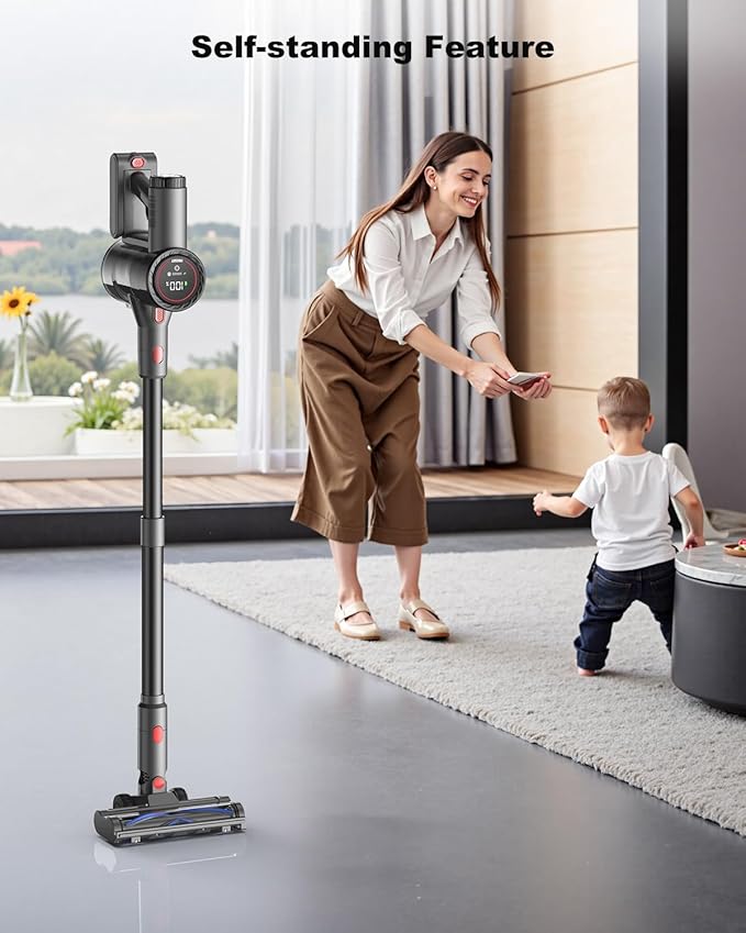 Cordless Vacuum Cleaner, 6-in-1 Lightweight Stick Vacuum with 45mins Runtime, LED Display & Light, Self-Standing, Rechargeable Cordless Vacuum for Carpet, Tile, Pet Hair, Hardwood Floors (Black)