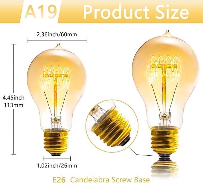 Edison Bulb, A19 Bulbs 6 Pack, Retro Style Incandescent Light Bulbs,Dimmable 120V 40W Antique Vintage Light Bulb, 240 Lmens E26 Base, Amber 2200K Warm White Light, for Home Office Desk Lamp