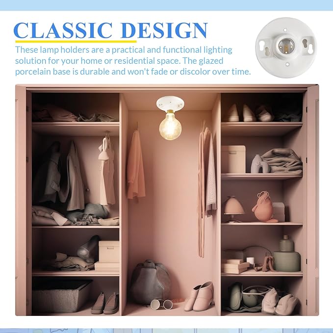 4 Pcs Medium Base E26 Lamp Holder Ceiling Light Sockets White Bulb Socket Incandescent Fluorescent CFL Lamp Holder 660w 250v (Porcelain)