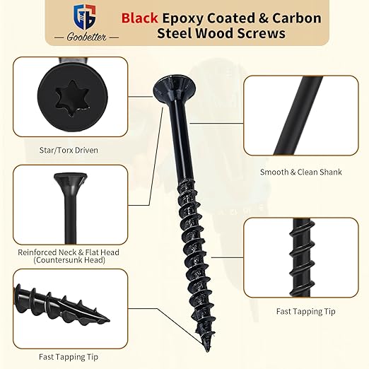 Deck Screws 2 1/2 inch, 500 Pcs Wood Screws #9 x 2-1/2", Rust Resistant, Construction Fence Exterior Screws, Torx Head Drive, 2 Pcs T25 Star Bits Included, Black